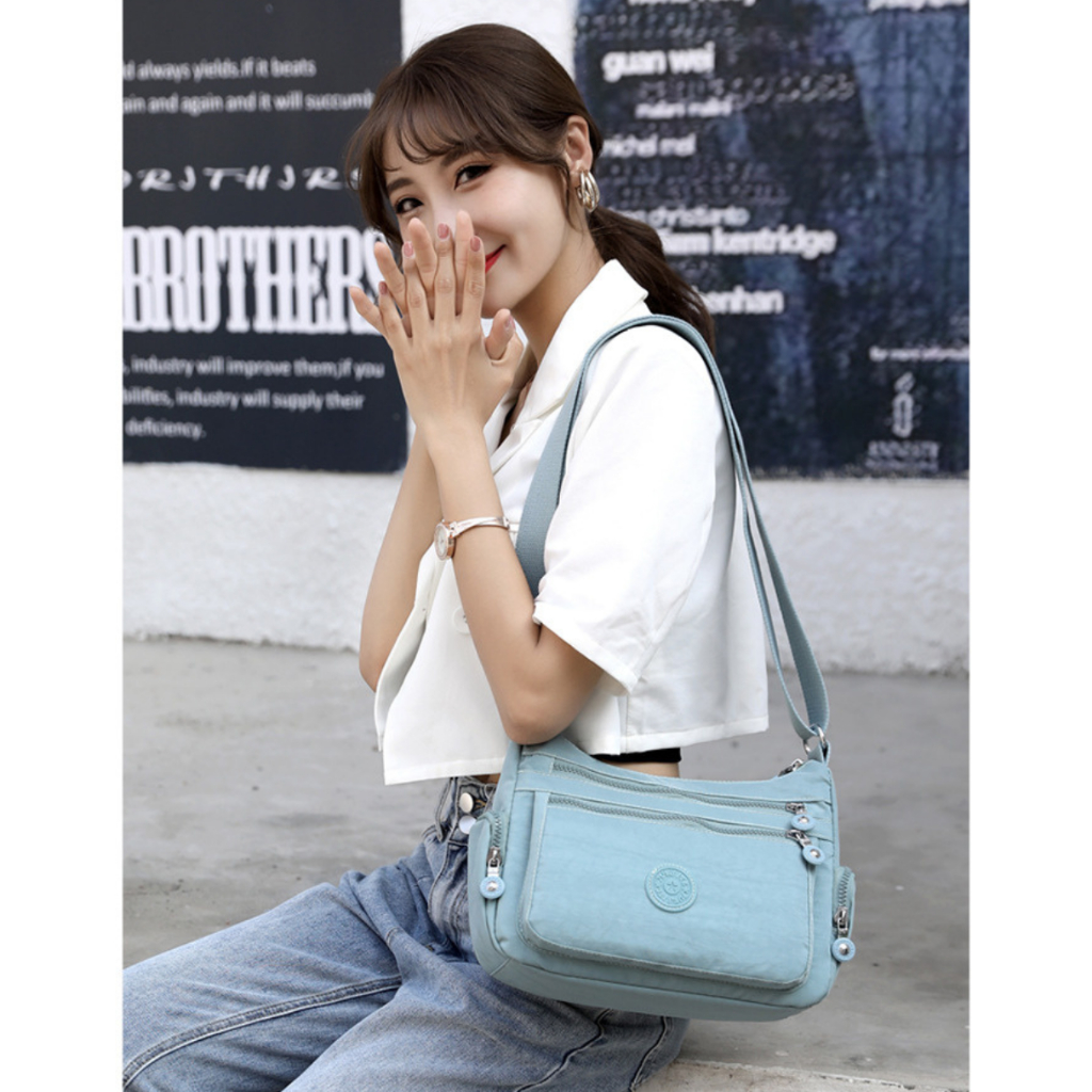 [BG95] กระเป๋าสะพายข้าง 6 ช่องการใช้งาน กระเป๋าสะพายไหล่ แฟชั่นผู้หญิง ผ้าไนล่อน มีซิป มีซับใน