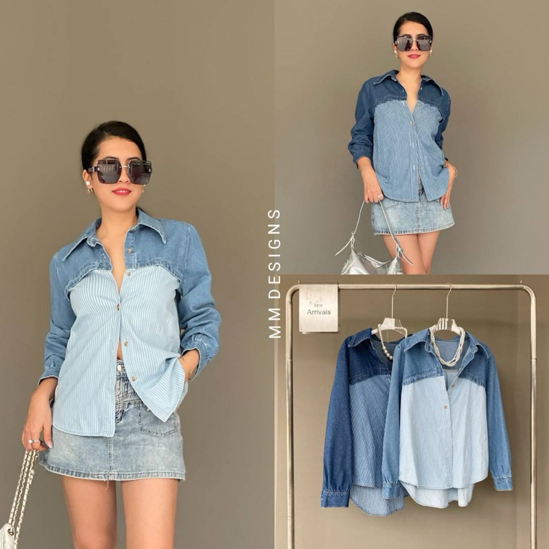 🌈🌿🌸🌼🌺💙🇰🇷 Jeans Patch Stripe Long Sleeve Shirt