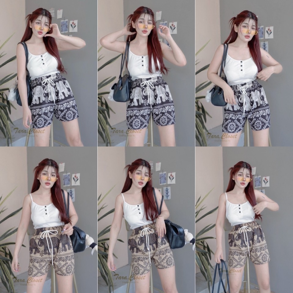 COM005 TARA Pants กางเกงช้างขาสั้น เอวยางยืด มีสายรูดใช้งานได้จริง ผ้าไหมอิตาลี ไม่ขาดง่าย ใส่สบาย ไม่ร้อน ลายไม่กลับหัว