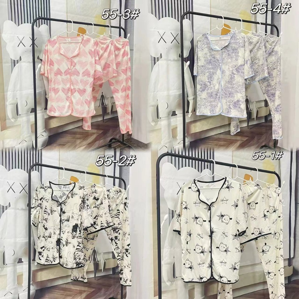 55-ชุดนอนผู้หญิง ชุดนอนเซท3ชิ้น เสื้อเเขนสั้น+ขาสั้น+ขายาว พร้อมส่งที่ไทย