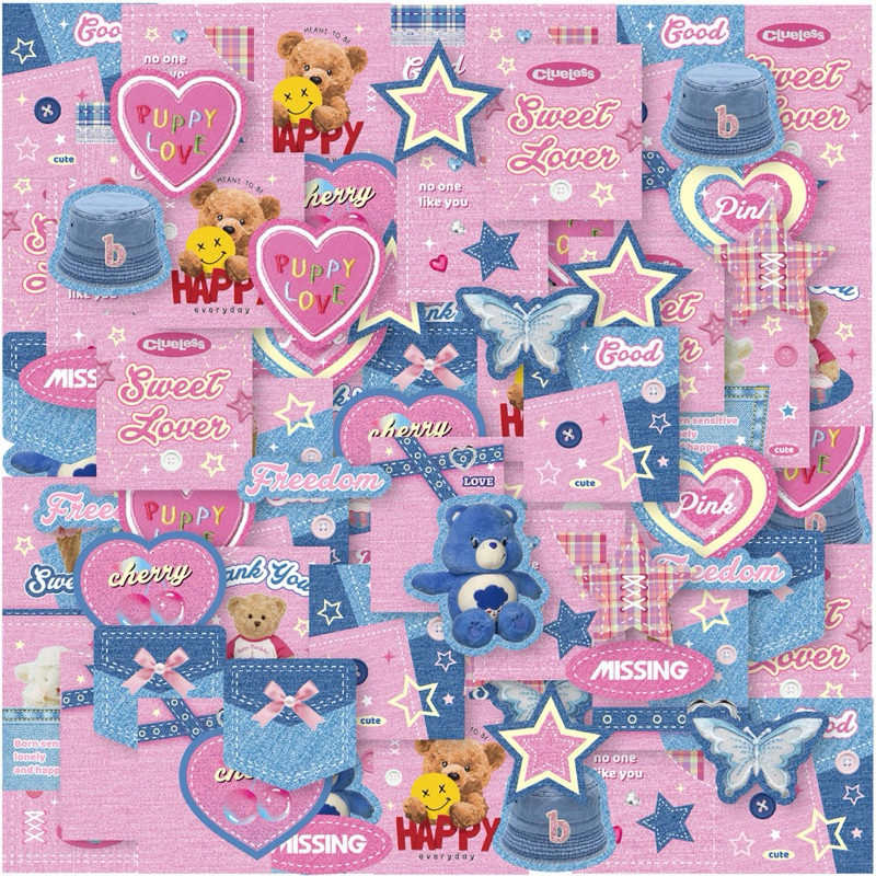 พร้อมส่ง สติกเกอร์ลายยีน 40 ชิ้น สีชมพู สีฟ้า sticker jeans bear หัวใจ