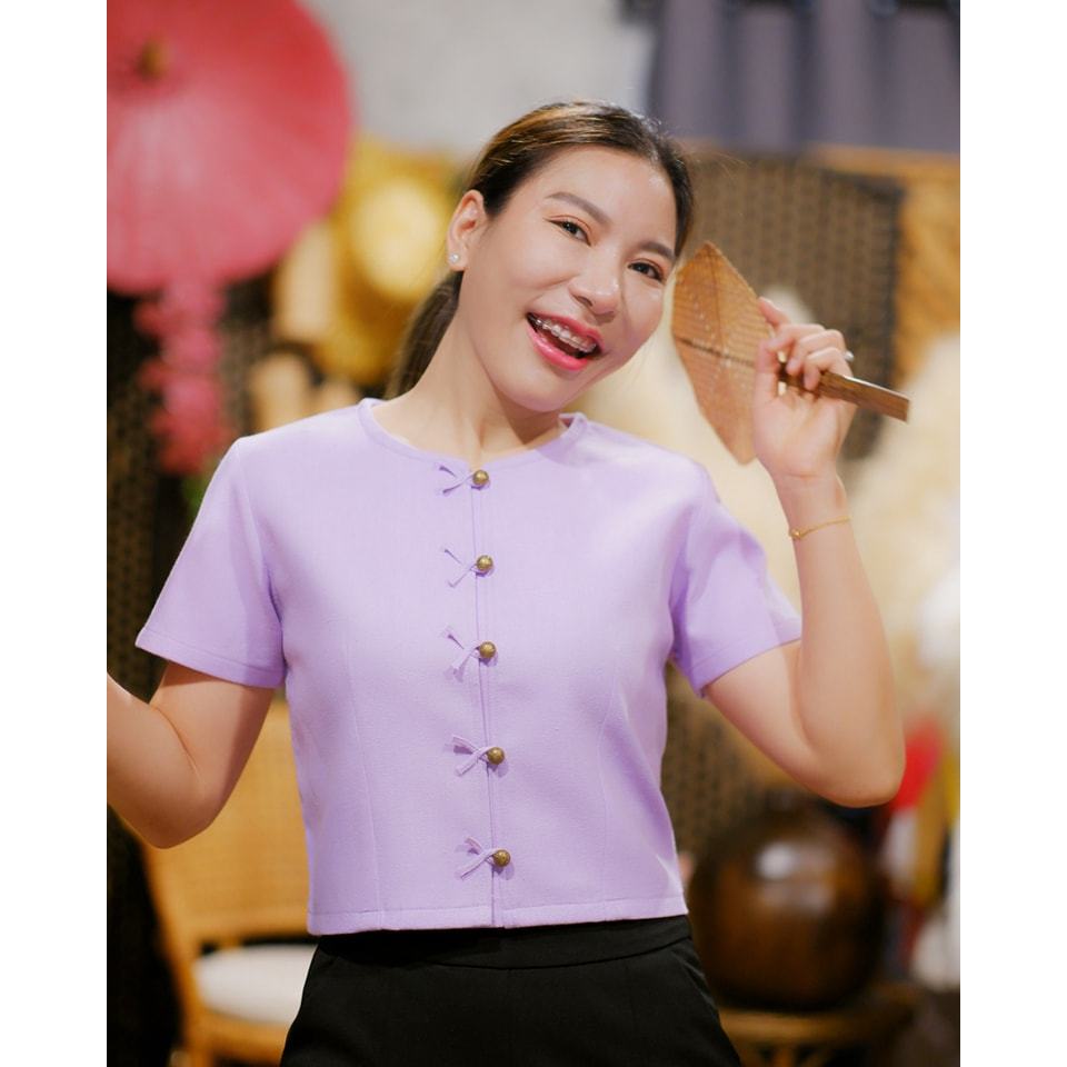เสื้อผ้าฝ้าย กระดุมโบว์สีม่วงเผือก