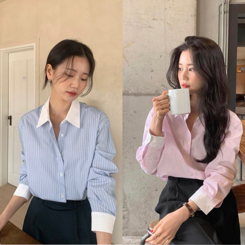 เสื้อเชิ้ตแขนยาวลายริ้ว แต่งคอปกสีขาว เชิ้ตทำงาน