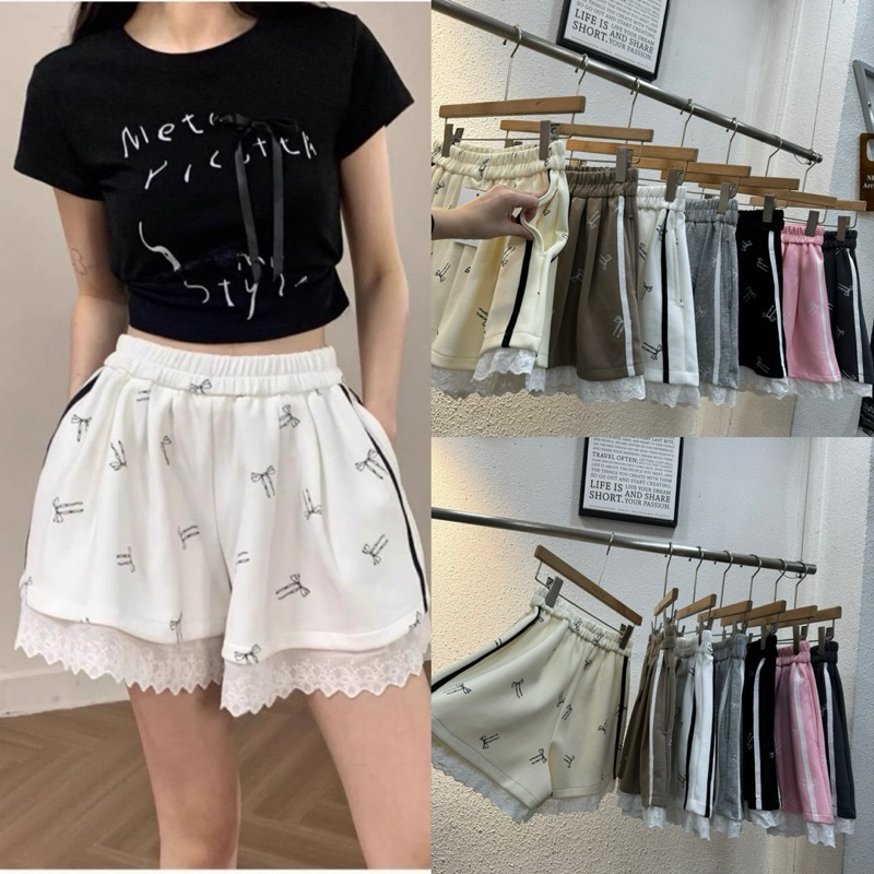 Gang_jeans#621(K)พร้อมส่ง กางเกงสั้นพิมลายโบว์ แต่งขอบลูกไม้