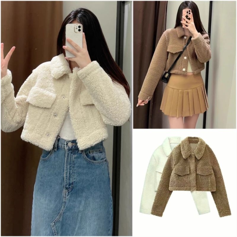 พร้อมส่ง (T085) 2สี น้ำตาลเทา , ขาวนวล เสื้อกันหนาวแจ็คเก็ตขนแกะ