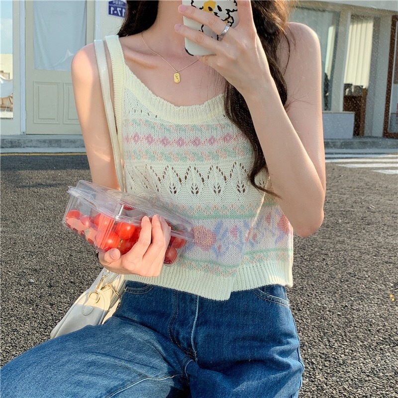 เสื้อกล้ามไหมพรม เสื้อกล้ามไหมถัก ลายดอกไม้ เเมทช์ง่าย ไม่หนาใส่สบาย #602184