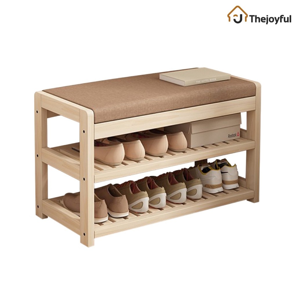 ชั้นวางรองเท้า shoe rack ที่วางรองเท้าไม้ สไตล์มินิมอล วัสดุไม้เนื้อแข็ง มีเบาะรองนั่ง Thejoyful