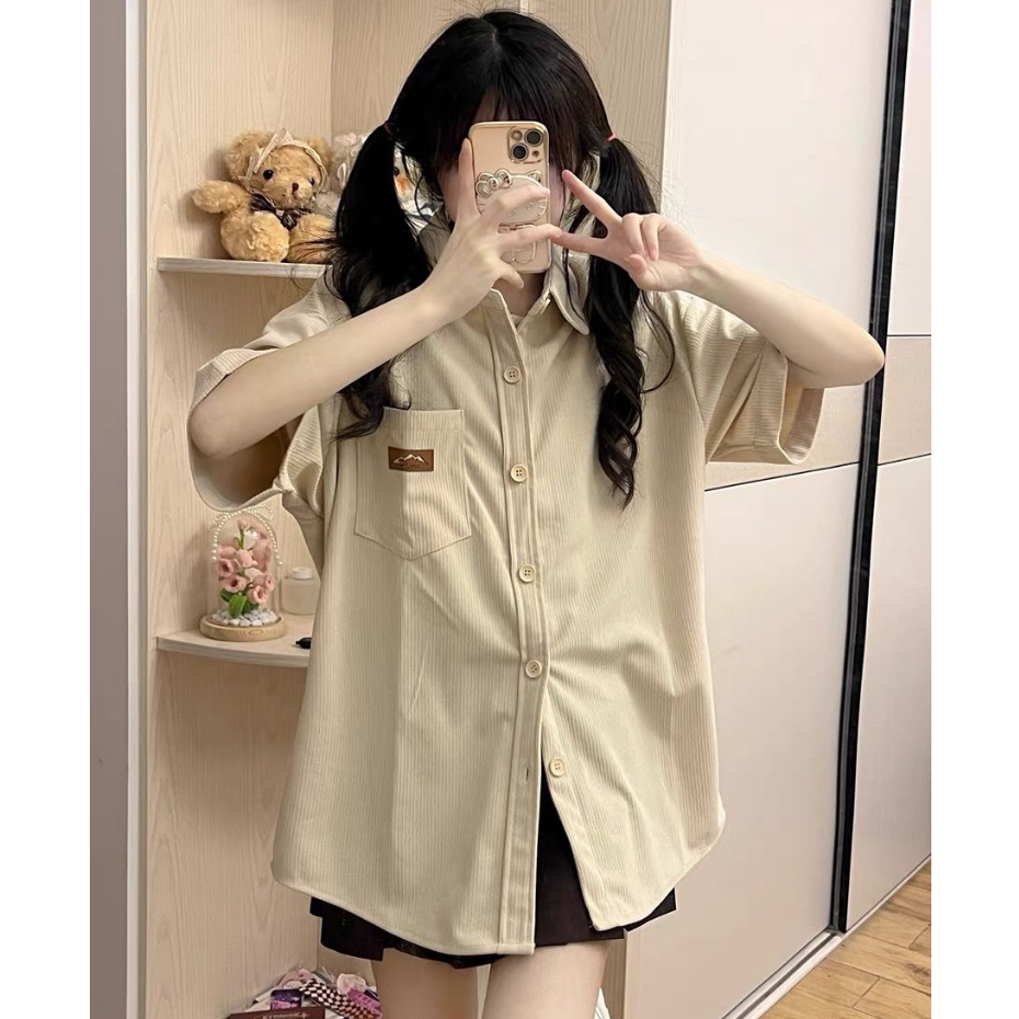 CTB071 *พร้อมส่ง* เสื้อเชิ้ตแขนสั้น ลำลอง สีน้ำCream แฟชั่นสุดชิค คอปกมินิมอล สไตล์เกาหลีทรงหลวม อก4