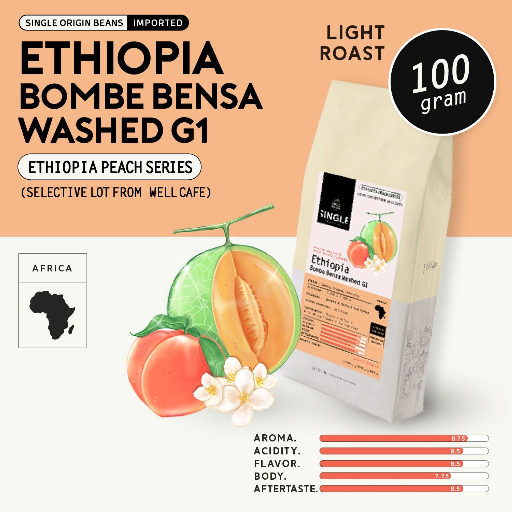เมล็ดกาแฟคั่วอ่อน Ethiopia Bombe Bensa Washed G1 (Specialty Coffee)