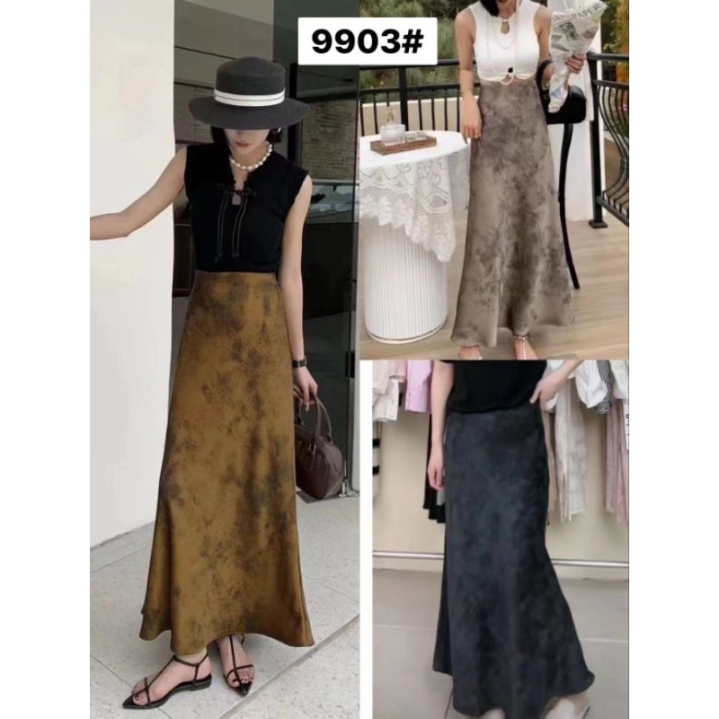 **ทักแชทก่อนสั่ง**กระโปรงยาวผ้าซาตินทรงหางปลาผ่าข้างผ้าเบาสบายใส่สวยมากมีหลายลายให้เลือก