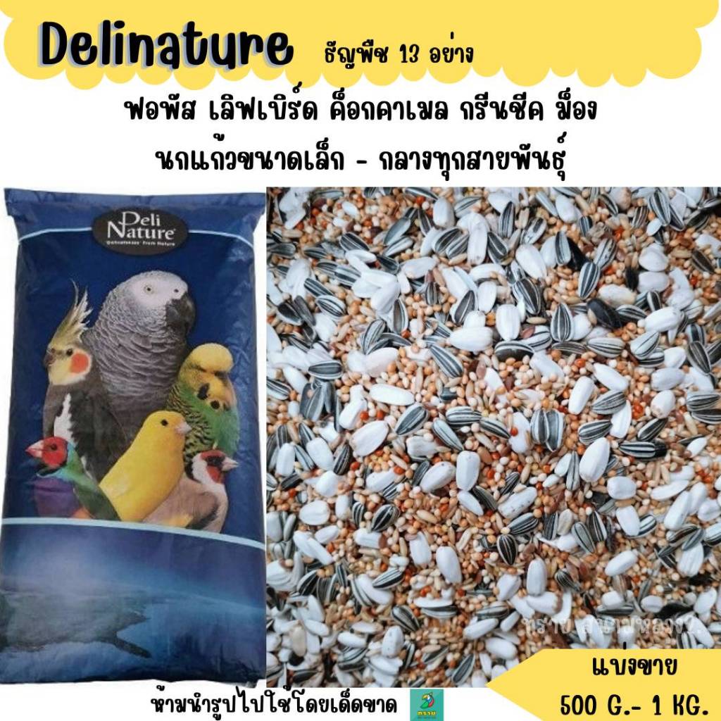 Delinature ธัญพืช 13 อย่าง (แบ่งขาย 500 G.-1 KG.) อาหารนก แก้วขนาดเล็ก-กลางทุกสายพันธุ์ฺ