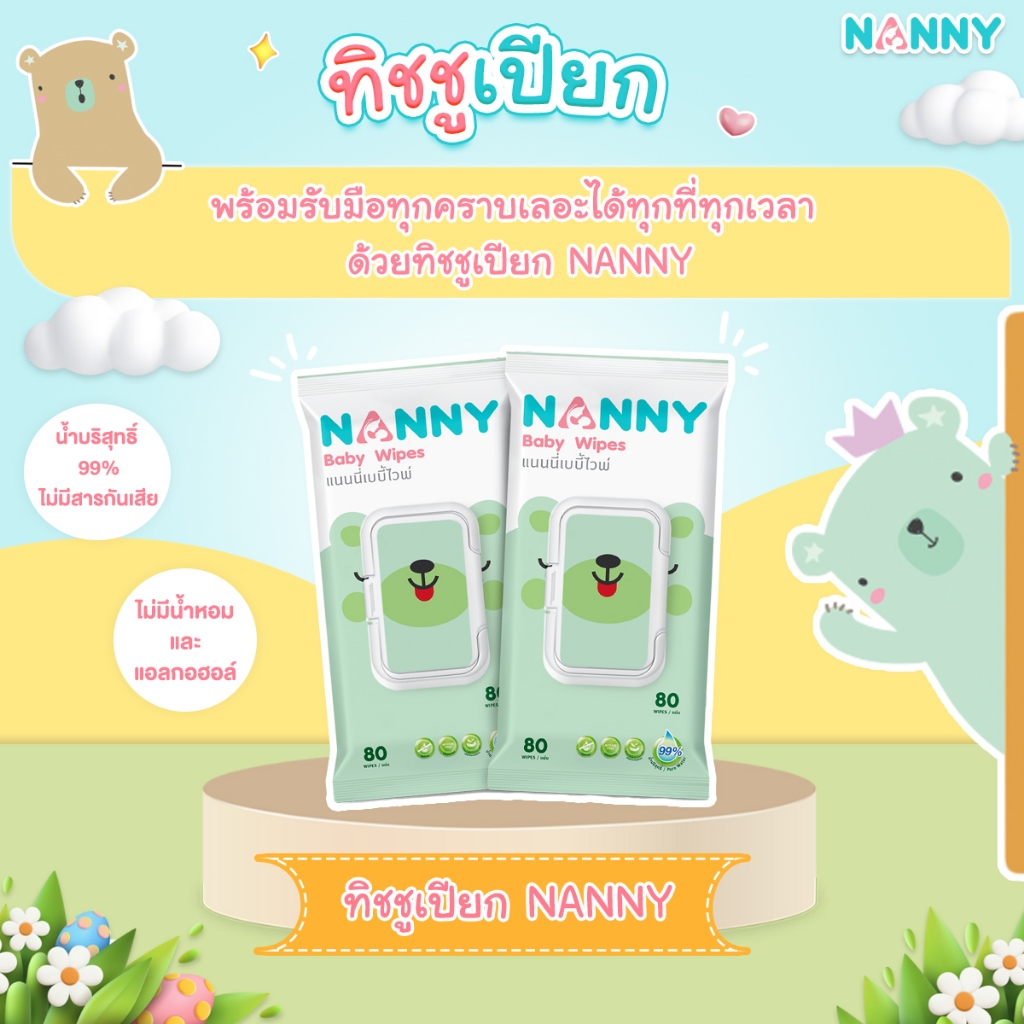 NANNY แนนนี่ ทิชชู่เปียก เบบี้ไวพส์แนนนี่ 80 ชิ้น 1แถม 1 สูตรน้ำบริสุทธิ์