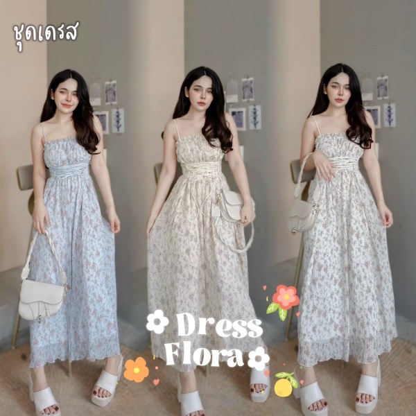 •• N E W I N ••🌺 เดรสสายเดี่ยว ลายดอกอัดพลีท มีซิปหลัง สม็อคช่วงอกรอบตัว มีซับในเย็บติดตลอด #3118