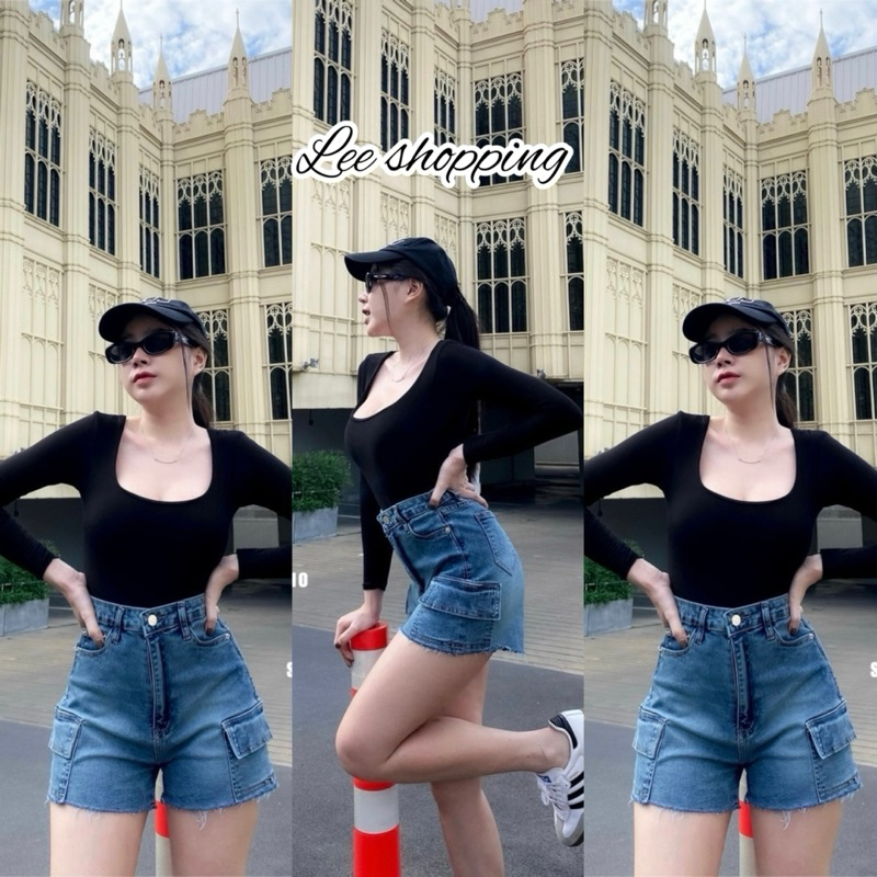 New กางเกงขาสั้นทรง คาร์โก้เอวสูงผ้ายืด ป้ายSIRINAN STUDIO