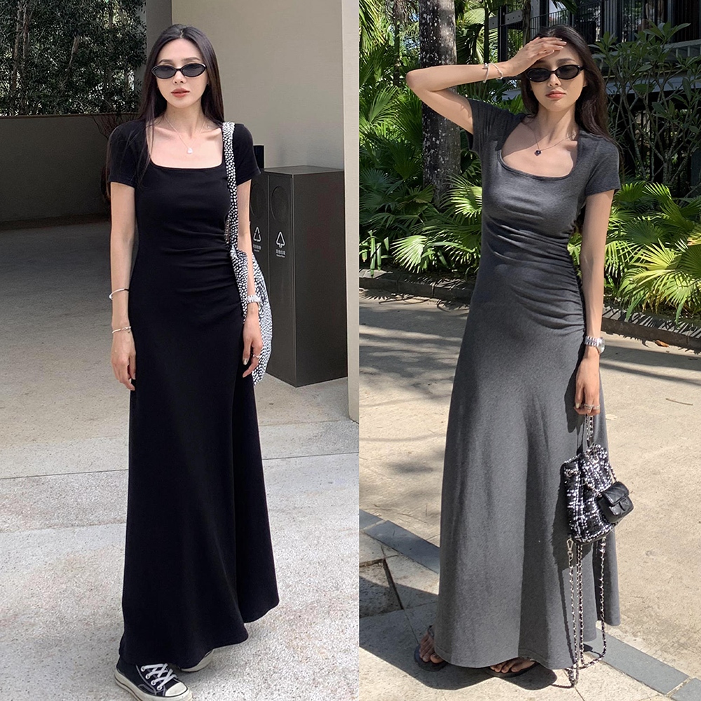 Beryl🌻ชุดเดรสยาวหรูหราและทันสมัย คอกลมแขนสั้น เวอร์ชั่นเกาหลี