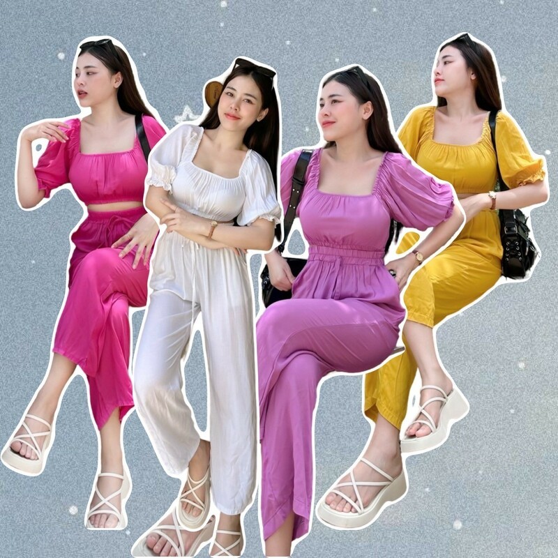 MM21062 Set เสื้อครอปแขนตุ๊กตา+กางเกงขายาว