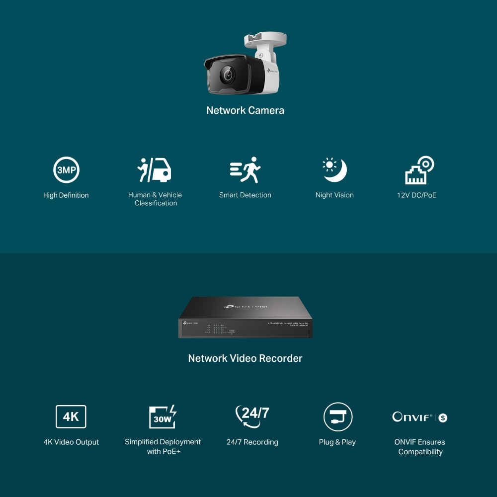 TP-Link  VIGI เซตกล้องวงจรปิด NK8P-B434I VIGI 3MP Bullet IPC & 8 Channel PoE+ NVR KIT