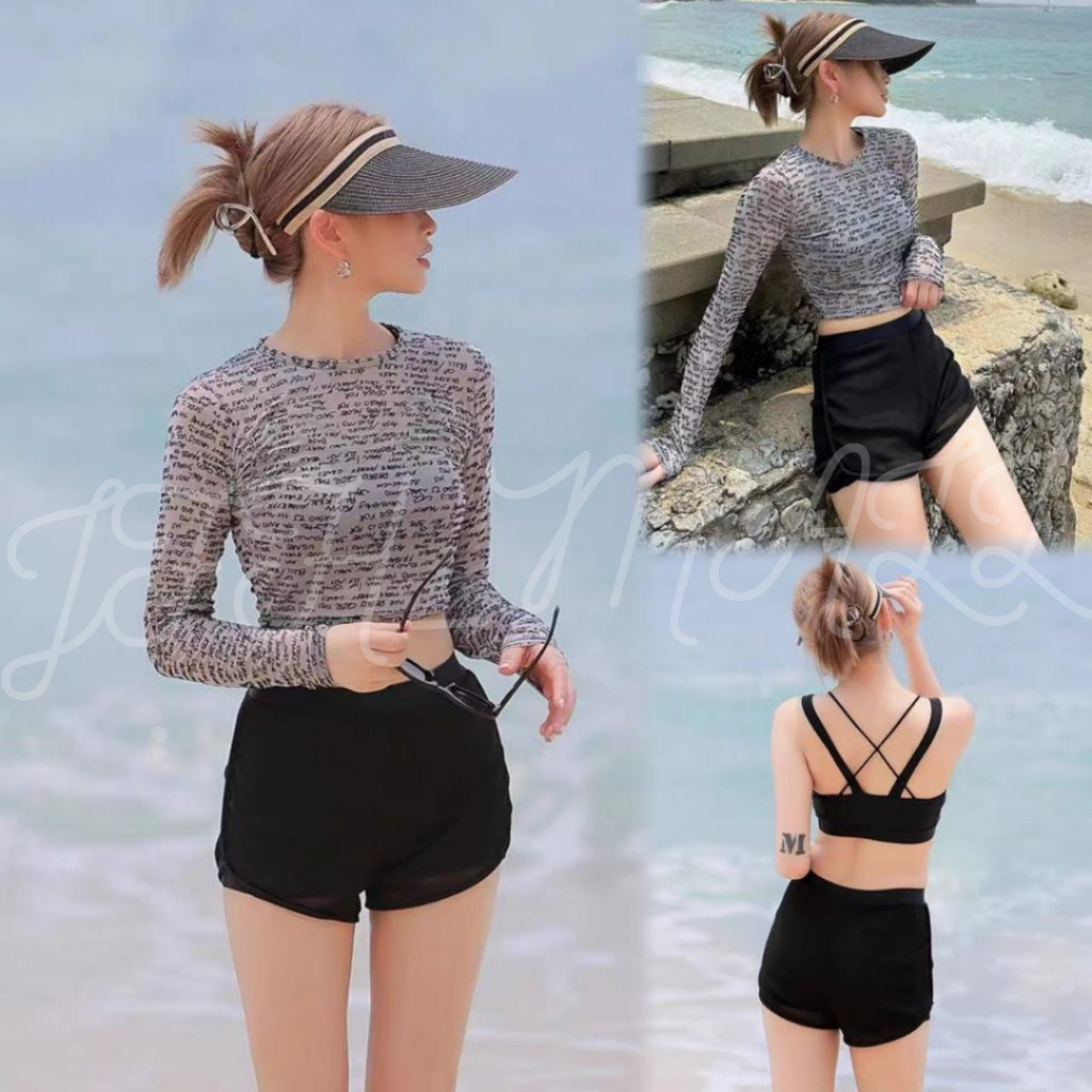 พร้อมจัดส่ง ชุดว่ายน้ำผู้หญิง บิกินี่ 3 ชิ้น สปอร์ตบรา กางเกงผ้ากลิตเตอร์มีซับใน และเสื้อคลุม