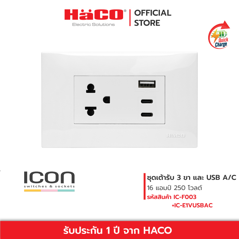 HACO ชุดเต้ารับ 3 ขา พร้อมเต้ารับ USB A/C 16 แอมป์ 250 โวลต์ รุ่น  IC-E1VUSBAC