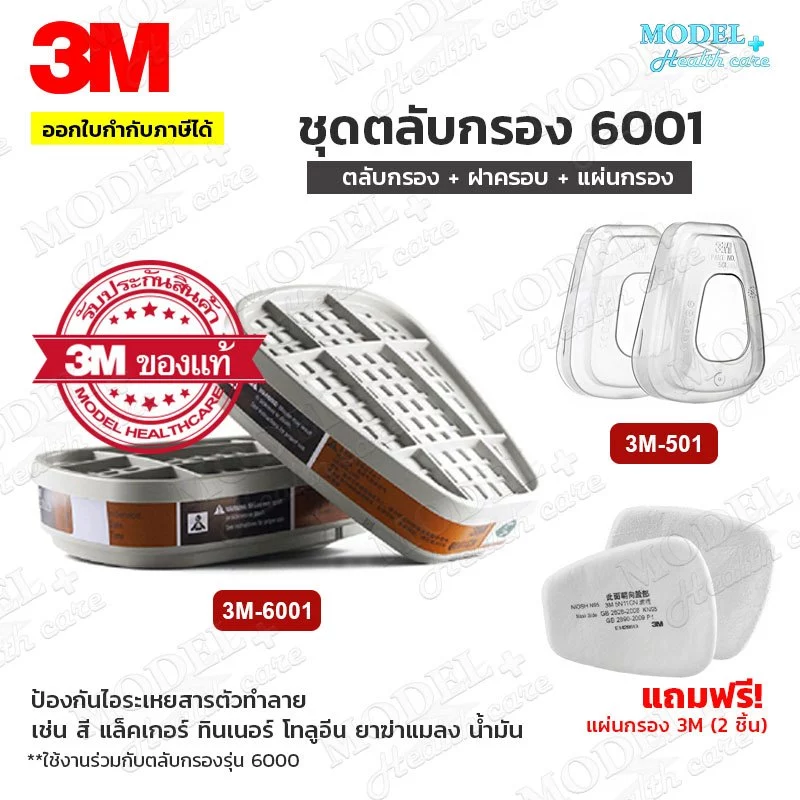 ชุดตลับกรอง 3M 6001 (ของแท้) ฝาครอบและแผ่นกรอง ตลับกรองป้องกันไอระเหยสารเคมี สี ทินเนอร์ ยาฆ่าแมลง น้ำมัน
