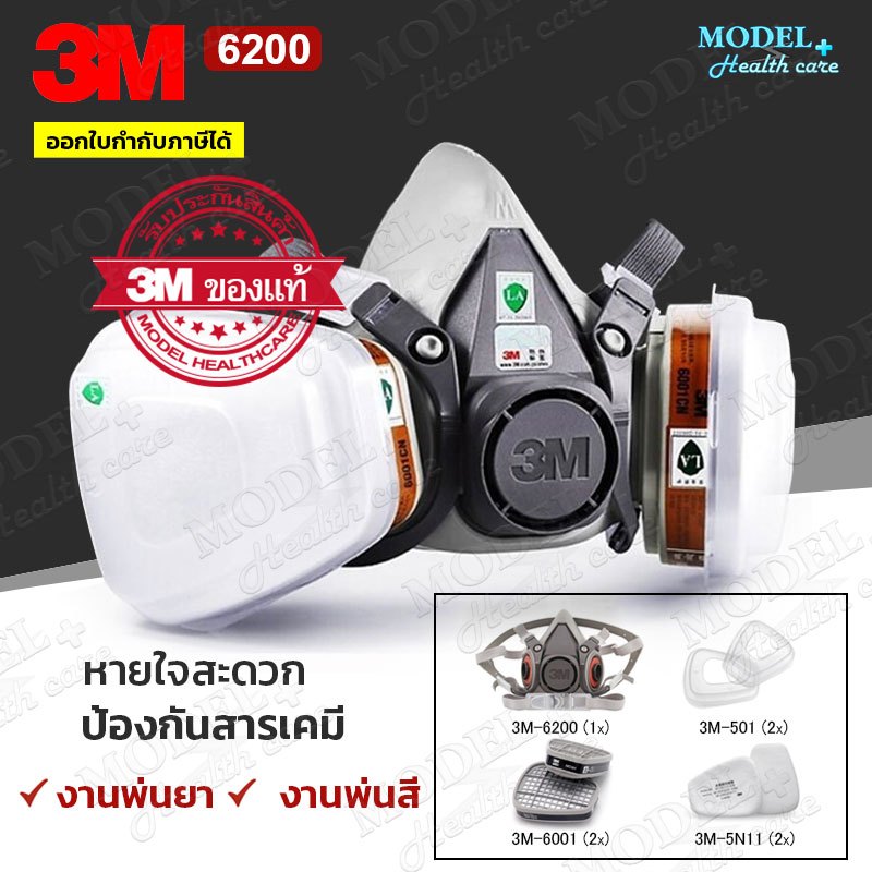 3M 6200 พร้อมตลับกรอง 6001 ครบชุด สำหรับงานพ่นยาการเกษตร งานพ่นสีรถ ✅(ของแท้ 100%) พร้อมส่ง