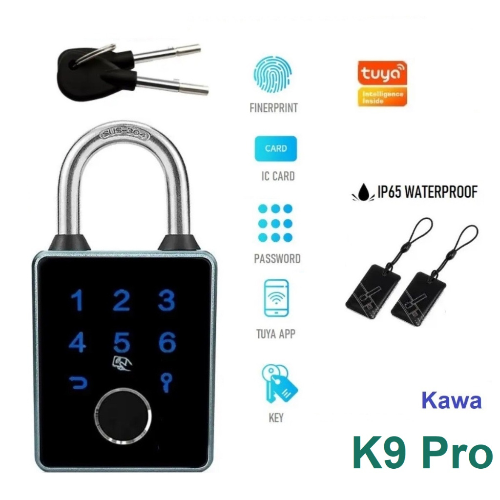 แม่กุญแจKawa K9 Pro กันน้ำ IPX5 ถอดเปลี่ยนถ่านได้เอง ปลดล็อคด้วยลายนิ้วมือ + แอป Tuya + รหัสผ่าน + ก