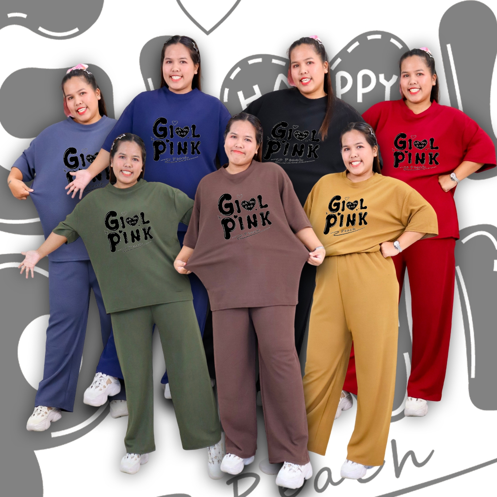9015-img-48# ชุดเช็ท สาวอวบ เสื้อคอกลม แขนสั้น สกรีนลายตัวอักษร กางเกงขายาว ผ้าอัดลายเม็ดงา