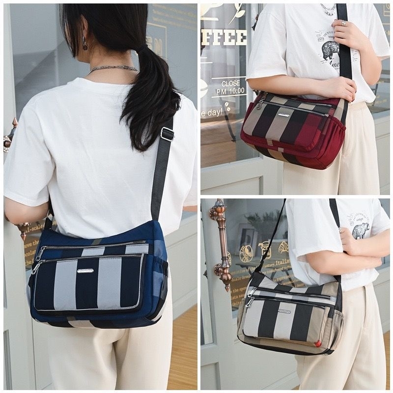H-002# กระเป๋าสะพายข้างผ้าร่มกันน้ำได้ลายสก๊อตแฟชั่นมาใหม่