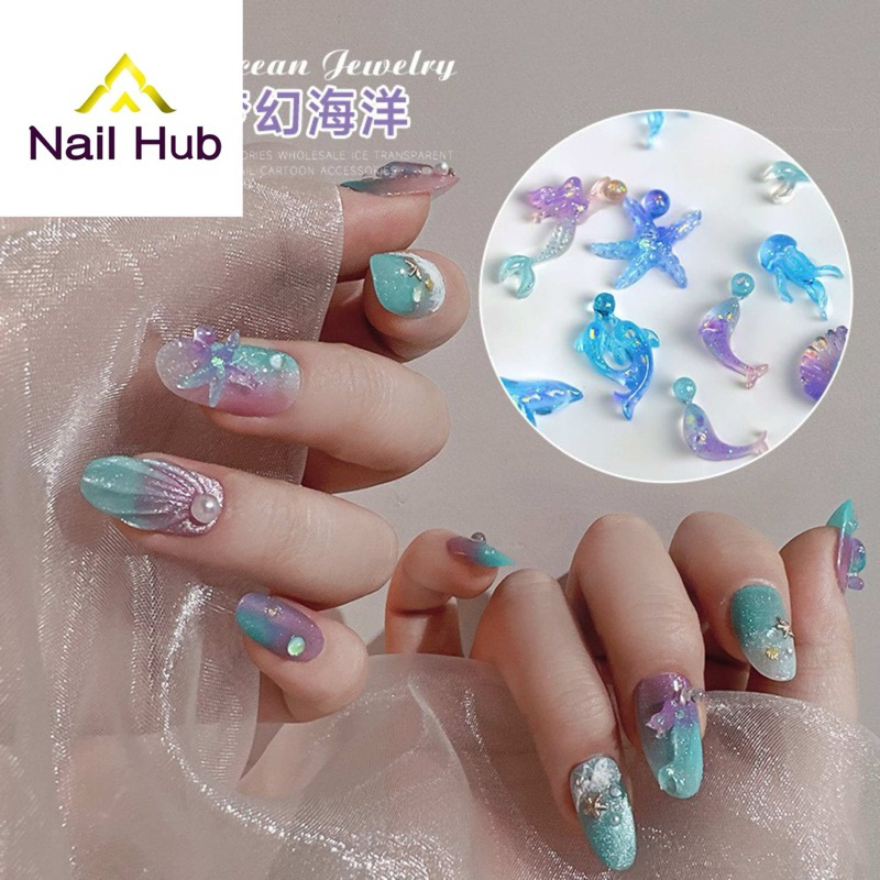 AC.84 ร้านไทย แพ็ค 5 ชิ้น คละแบบ พร้อมส่ง ติดเล็บคละแบบ ลายทะเลหอยเมอร์เมด พร้อมส่งในไทย