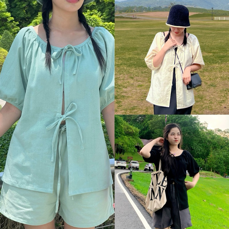 Pukjai เสื้อคลุมแขนสั้นผูกเชือกผ้าฝ้ายใส่ได้ 2 ด้าน มินิมอลเกาหลี