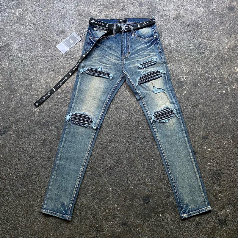 GENOA Black leather ยีนส์แต่งปะเข่าดำ พร้อมเข็มขัดแบรนด์