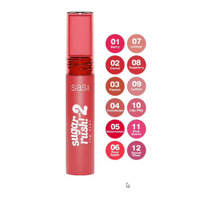 SASI sugar rush! lip tint 3g ศศิ ซูการ์ รัช ลิป ทิน  หลอดพลาสติกสีแดง รุ่นเก่าและรุ่นใหม่ แท้ 100% พร้อมส่ง