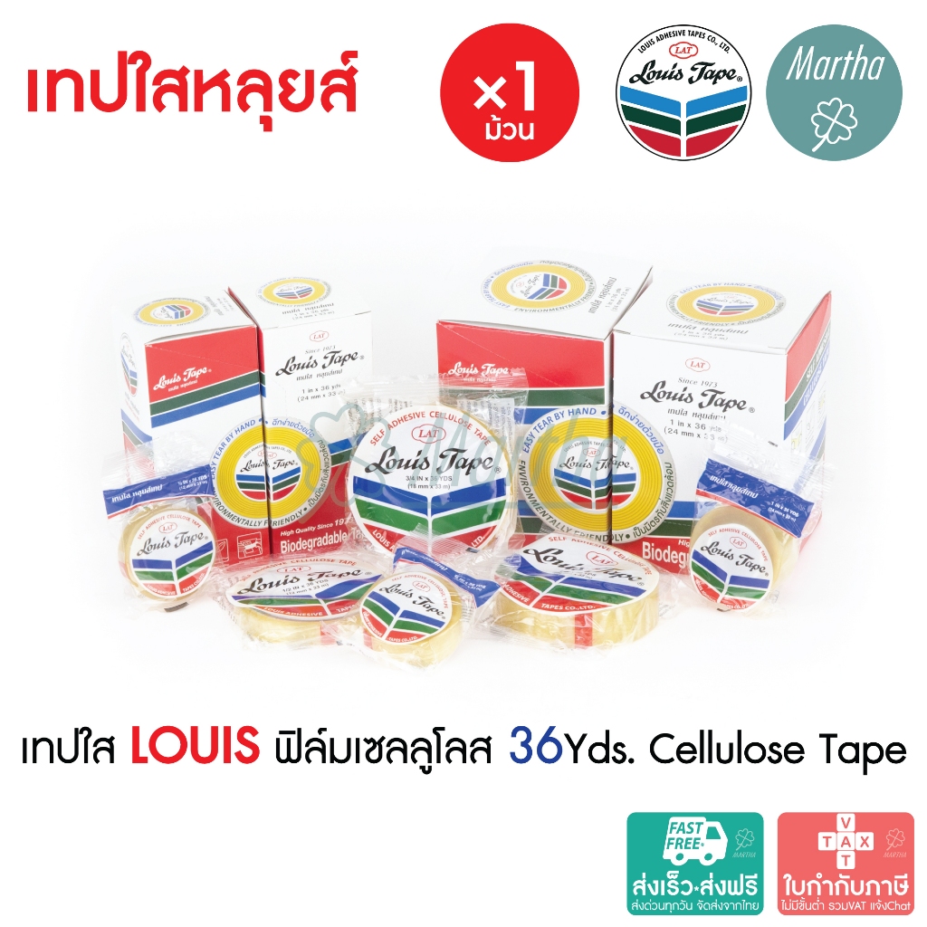 (1ม้วน) เทปใสหลุยส์ เทปใส LOUIS ADHESIVE TAPE สก๊อตเทป ขนาด 1/2" 3/4" 1"นิ้ว ยาว 36y แกนเล็ก แกนใหญ่
