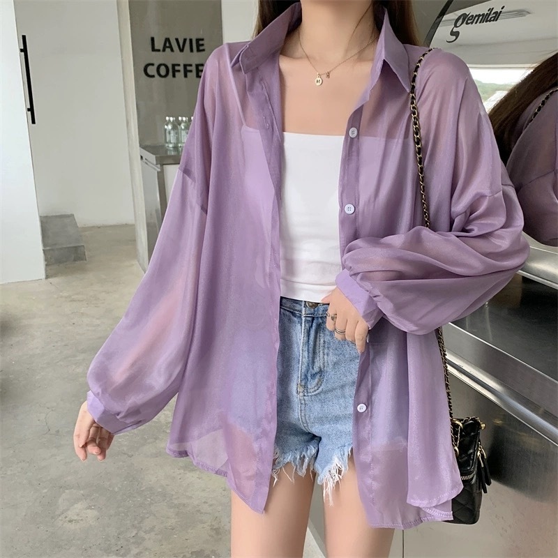 【ส่งจากไทย】 เสื้อเชิ้ตผู้หญิง แขนยาวผู้หญิง แฟชั่นคอปก เสื้อผ้ากันแดด กระดุมหน้า【ไม่รวมซับใน】