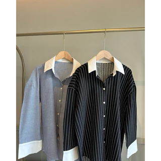 Seeingstudio | Terra shirt เสื้อเชิ้ตลายทางผู้หญิง Freesize ดีเทลคอปก+ปลายแขนสีขาว