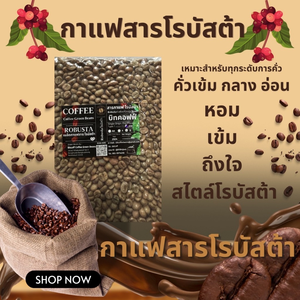 🔥กาแฟโรบัสต้า 🔥กาแฟใหม่ ปี 66-67 เมล็ดกาแฟสารโรบัสต้า สารใหม่ ขนาด 1 กิโลกรัม Robusta green beans จา