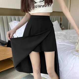 กระโปรงกางเกงขายาว กระโปรงยาวผ่าข้าง เอวยางยืด สไตล์เกาหลี ไซส์ M-3XL สีดำพรางหุ่น แมทช์ง่าย ผ้าฮานาโกะใส่สบาย