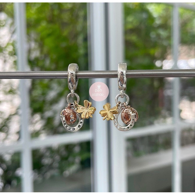 (ของแท้100%)Pandora silver hanging charm ติ้งโคลเวอร์เต่าทอง