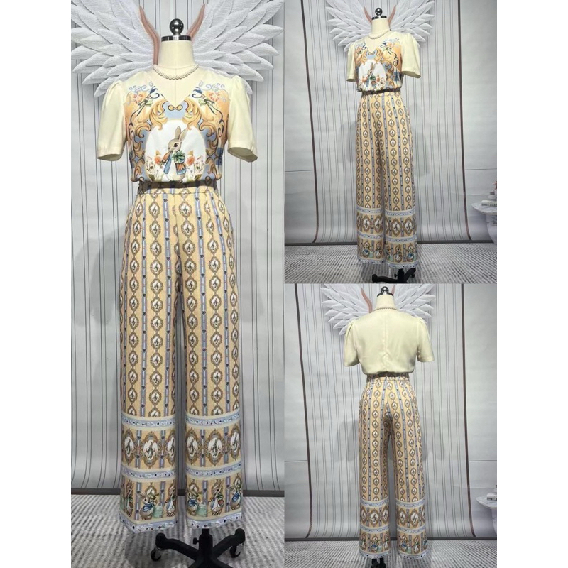 ( เอวเล็ก1นิ้ว m) ชุดเซตกางเกงขายาว เสื้อแขนสั้น+กางเกงขายาว ลายกระต่าย น่ารักมากๆ งานป้าย chalita