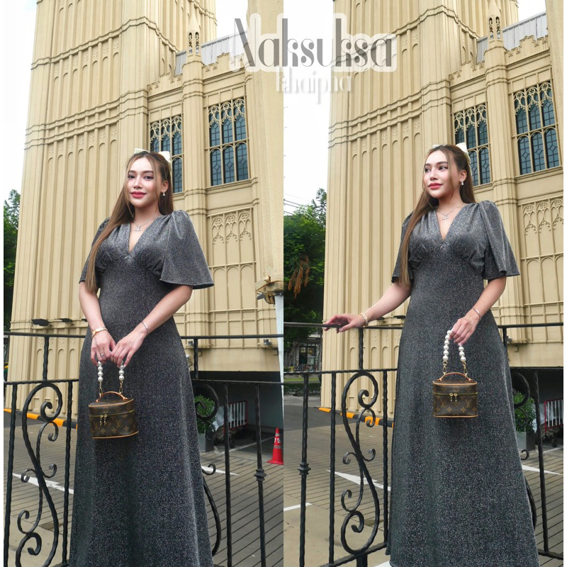 Dress (รุ่น Princess) เดรสออกงาน ชุดราตรี เพื่อนเจ้าสาว F16 (ผ้ากลิตเตอร์) ทรงเจ้าหญิง สวยหรูดูแพง clothing