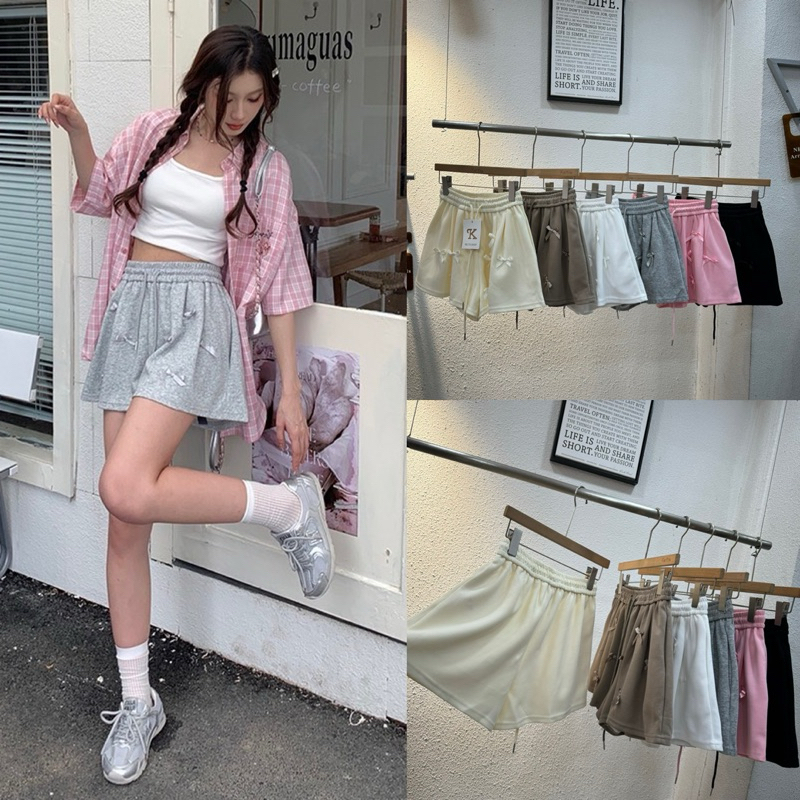 Lady_jeans#626(K) พร้อมส่ง กางเกงขาสั้น แต่งโบว์ มีเชือกรูดปรับเอวได้ ฟรีไซส์