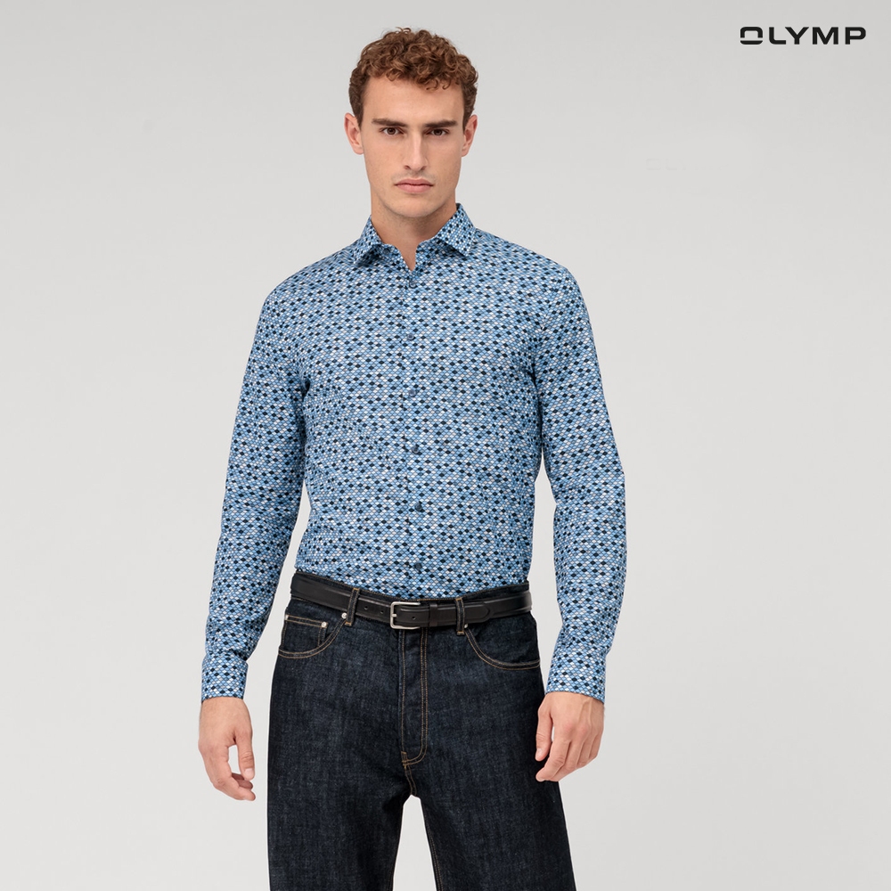 OLYMP  No. Six Shirt เสื้อเชิ้ต ผ้าเรียบพิมพ์ลายเรโทรสีฟ้าอ่อน มีความยืดหยุ่น   ทรงเข้ารูป ยืดหยุ่นได้