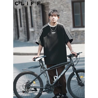CLIFF เสื้อยืดวาฟเฟิลด์ แขนสั้นผู้ชาย เสื้อลายทาง สไตล์อเมริกันวินเทจ