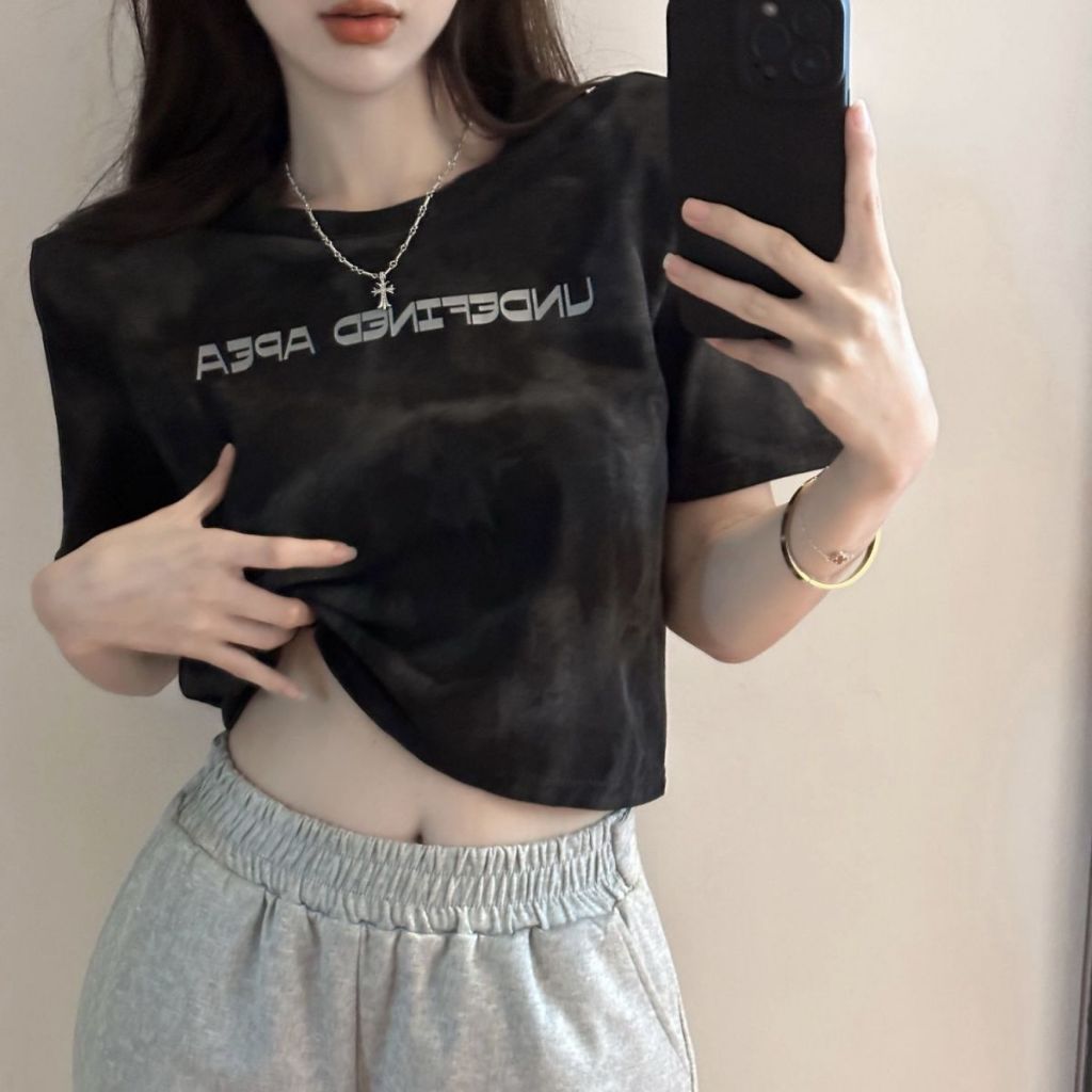 เสื้อครอปแขนสั้นเอวลอยน่ารักสไตล์เกาหลี เสื้อผ้าสาวอวบวัยรุ่น เสื้อยืดสวยๆผู้หญิงแฟชั่นมาใหม่ แนวสตรีทพิมพ์ลายวินเทจเท่ๆ