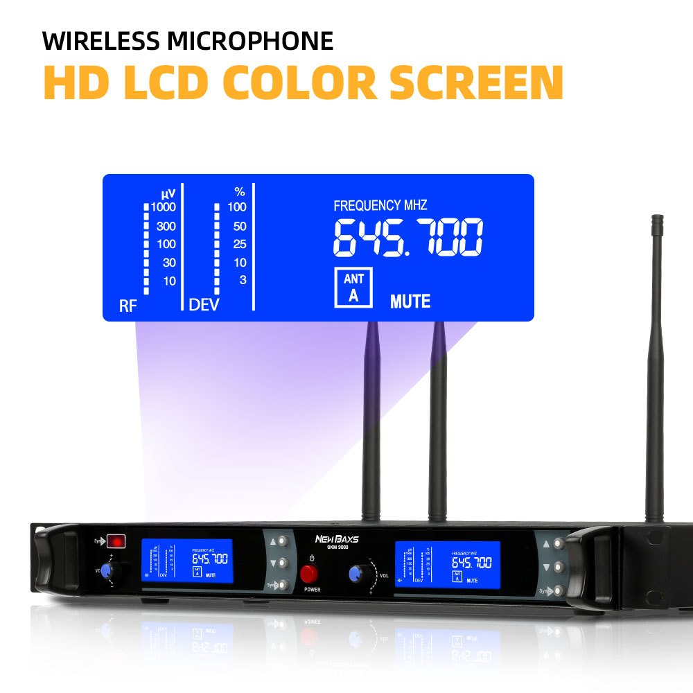 NEW BAXS SKM9000 ไมโครโฟนไร้สาย 2 มือถือ 200 เมตรรับระยะทาง 4 เสาอากาศ UHF FM โลหะเต็มรูปแบบวัสดุอุปกรณ์ร้องเพลง