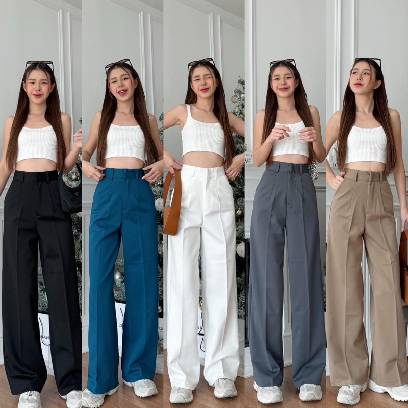 กางเกงขากระบอกสีพื้นงานเอวสูงผ้าโรเชฟ (พรีเมียร์)