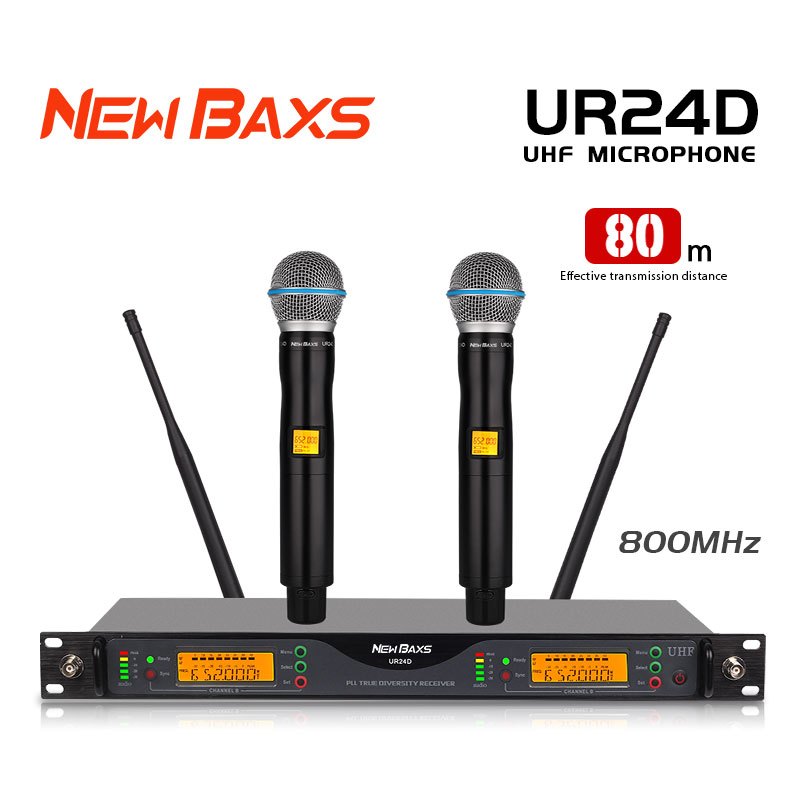 NEW BAXS UR24D ไมโครโฟนไร้สาย 2 ไมโครโฟนมือถือ ระยะรับสัญญาณ 150 ม. อุปกรณ์ร้องเพลงในบ้าน
