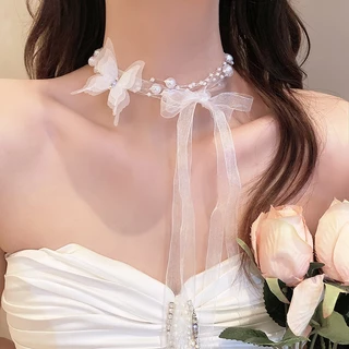 COD-ในไทย💖สร้อยคอ มุกริบบิ้นโบว์ โซ่ไหปลาร้า สีขาว ระดับไฮเอนด์ สไตล์เกาหลี แฟชั่นสําหรับผู้หญิง ปรับขนาดได้ 2024ใหม่-Kr