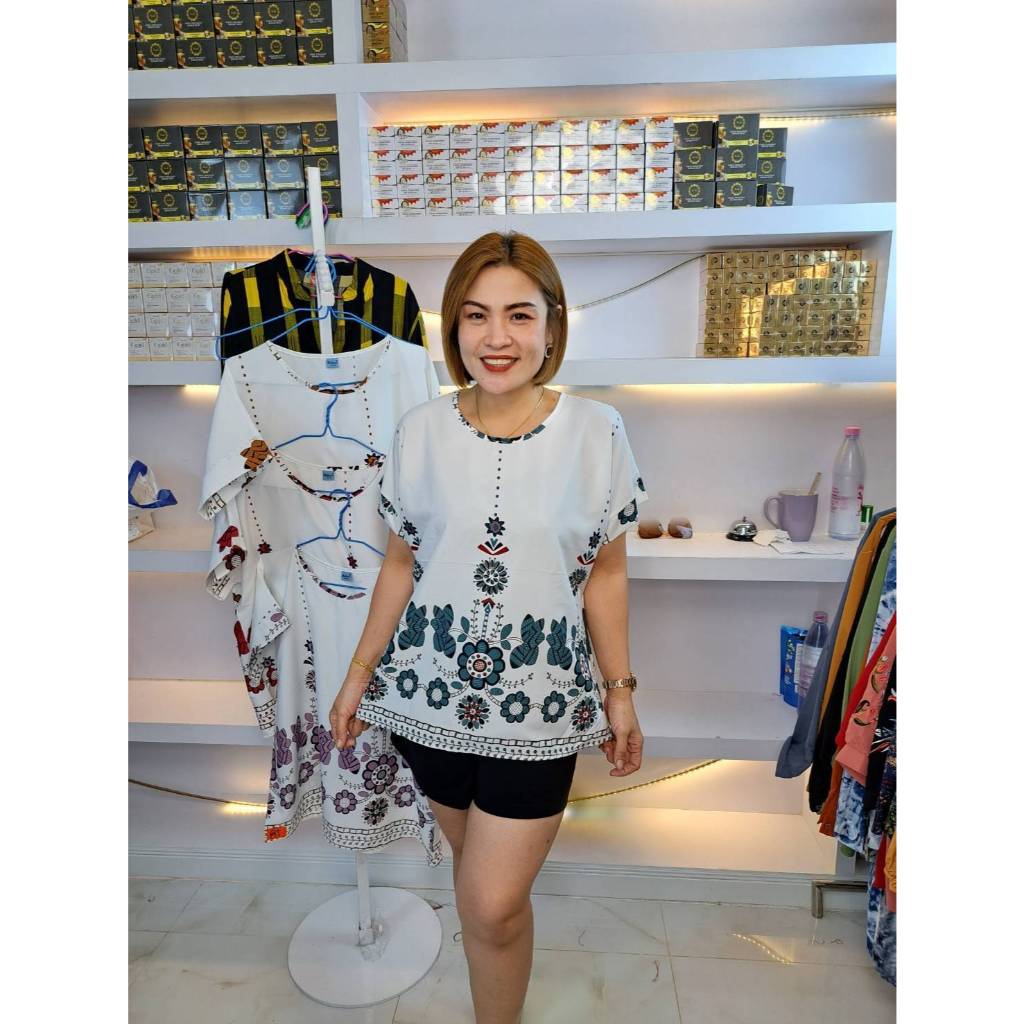 ค37///เสื้อคอกลมดอกพื้นเชิง ผ้าไหมอิตาลี ฟรีไซ38-46นิ้ว ยาว25นิ้ว หน้าผ้า46นิ้ว ราคา119บาท