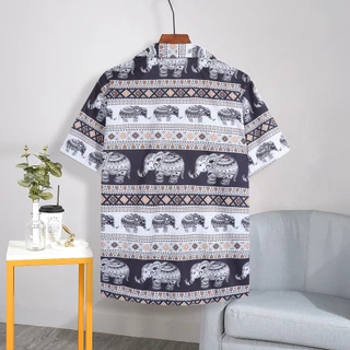 1099#เสื้อฮาวาย Hawaii พิมพ์ลาย ช้างมะลิ แนววินเทจ ทรงหลวม ใส่สบาย